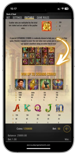 Book of Dead slot pelisäännöt ja voittotaulukko näyttölaitteella